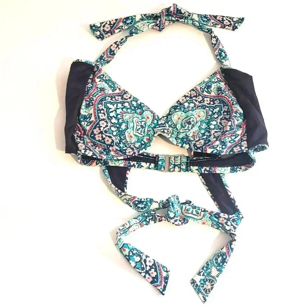 Athleta‎ Paisley Halter Bikini Top Teal Navy Pink 32B/C Mesh Trim